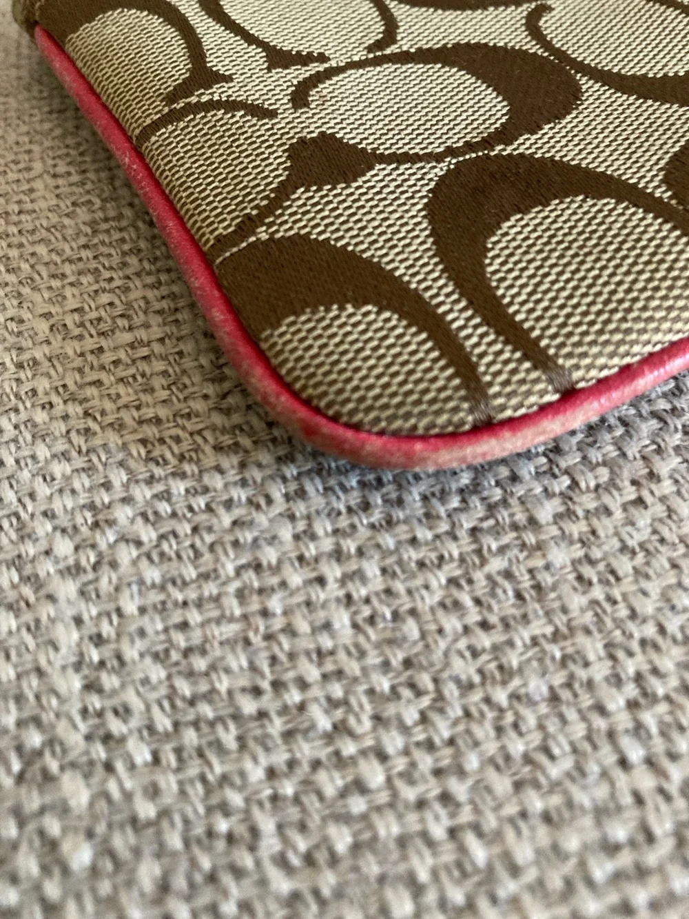 Coach Brown Signature Canvas Wristlet with Pink Leather Trim